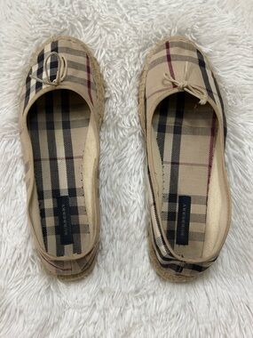 Burberry Beige Plaid Espadrille Ballet Flats with Bow